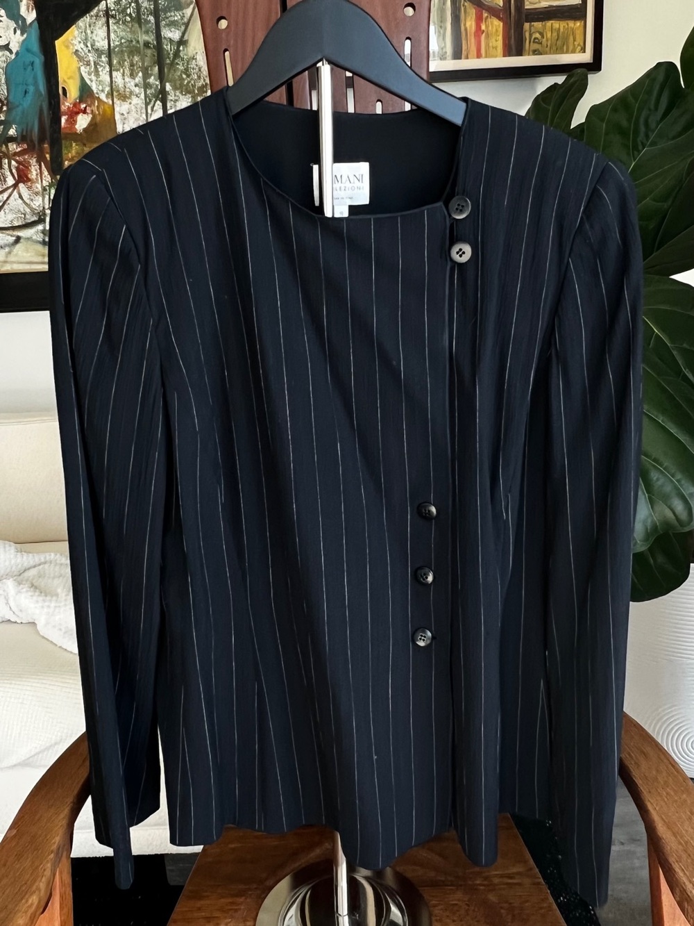Vintage, Archival Armani Collezioni Navy Pinstripe Asymmetric Button Blazer